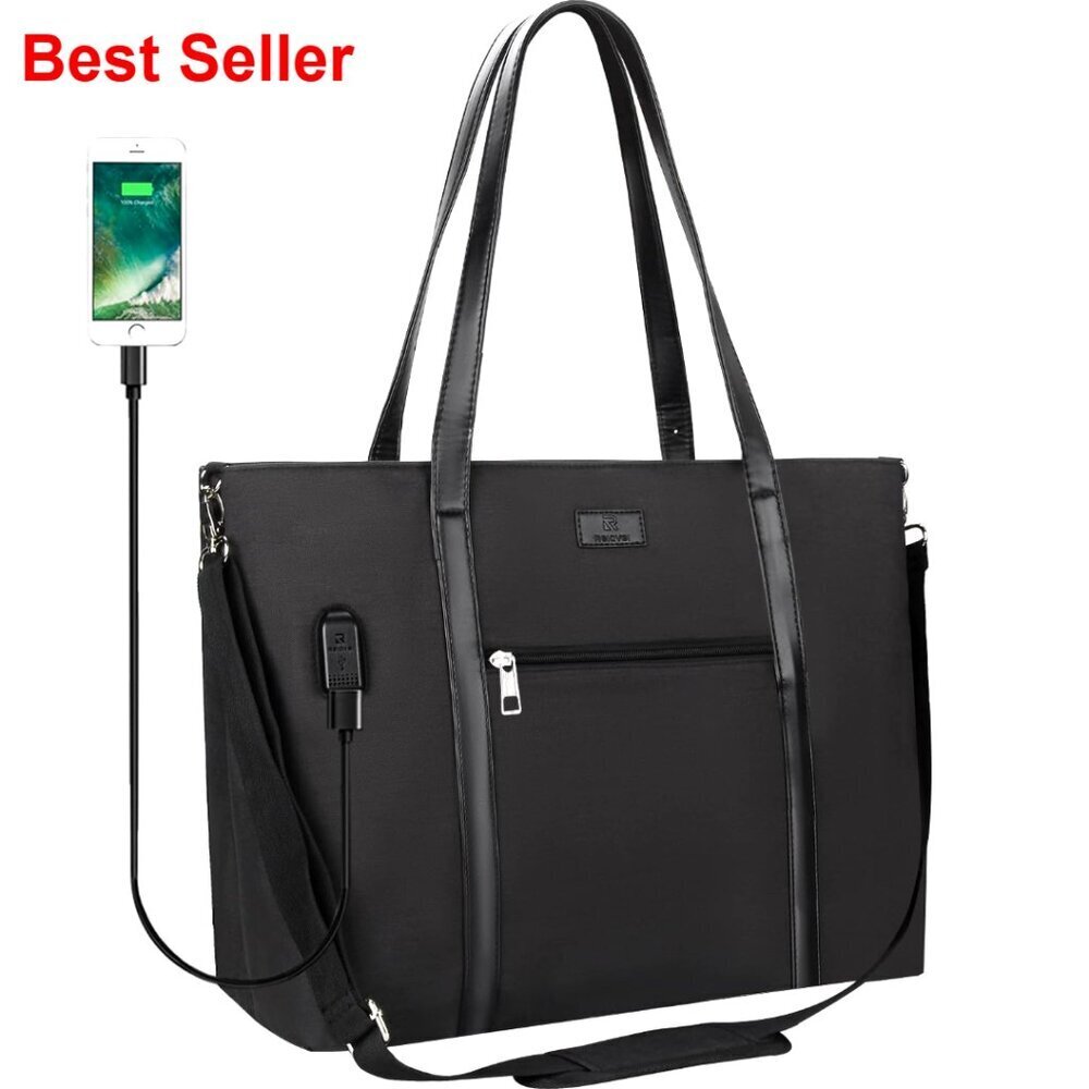 17 Inch Laptop Tote Bag with USB Port, 15 Pockets, Water-Resistant Nylon